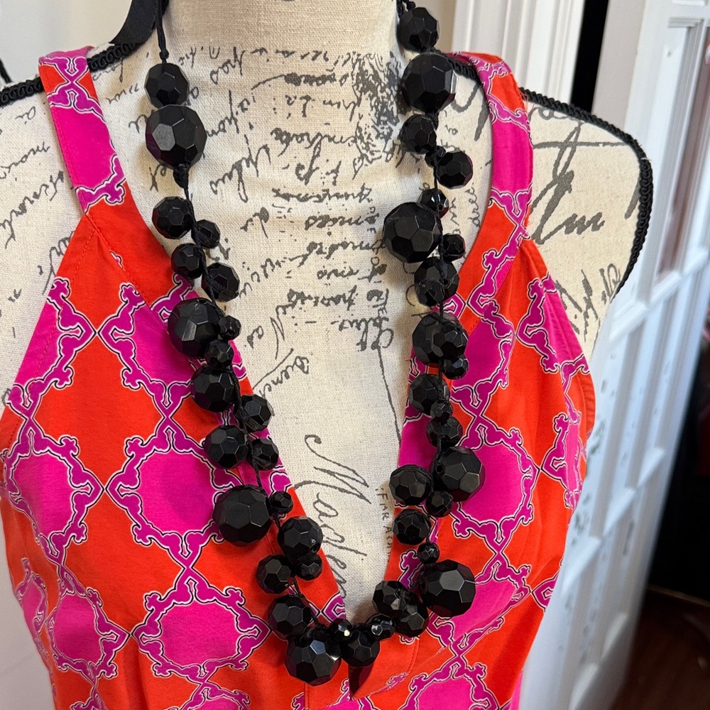 Vintage (Y2K) Bold Chunky Jet Black Beaded Necklace with Ribbon Closure